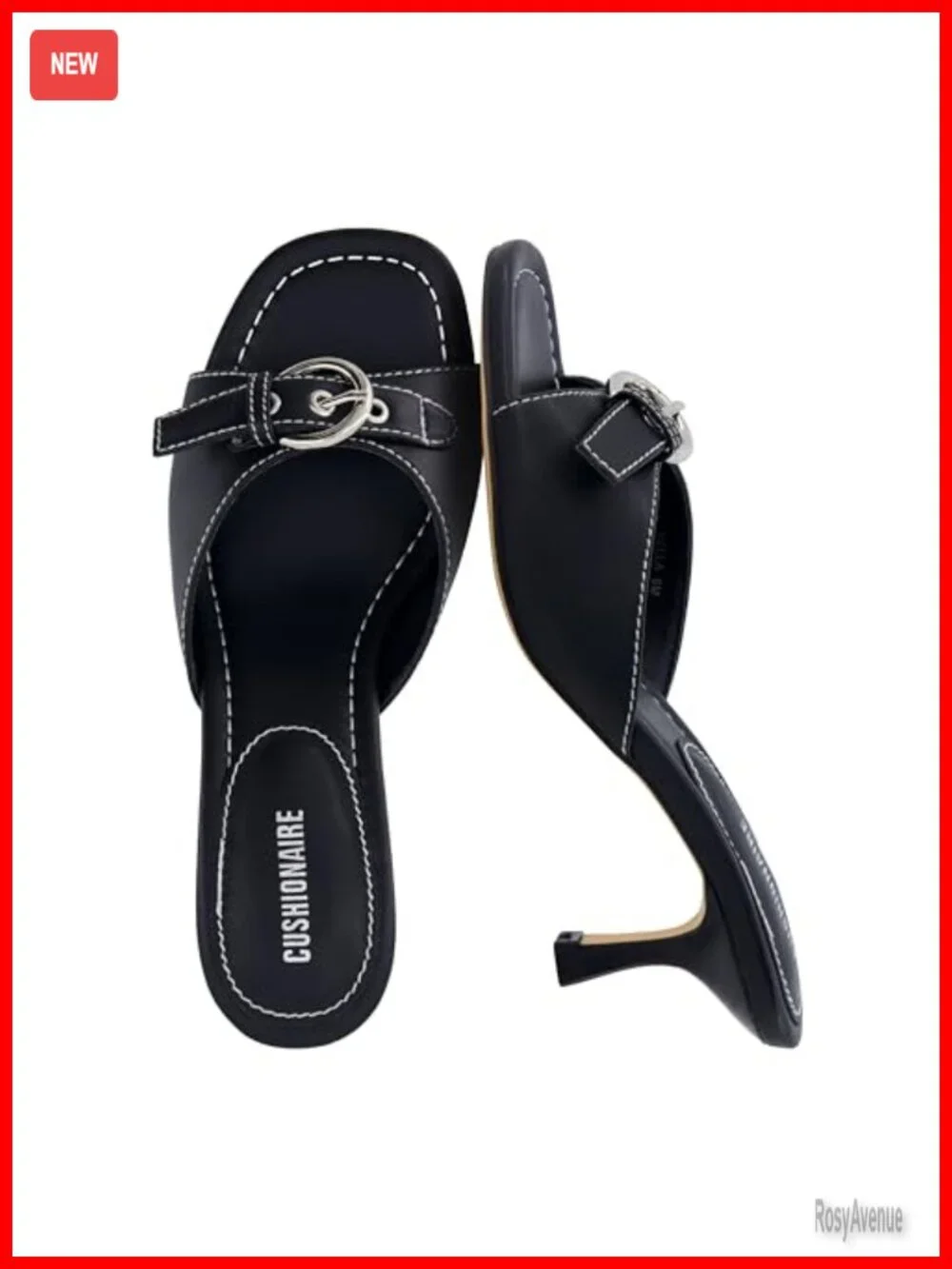 Kitten Heel Mule Sandals with Buckle Accent, Faux Leather, Open Toe Dressy